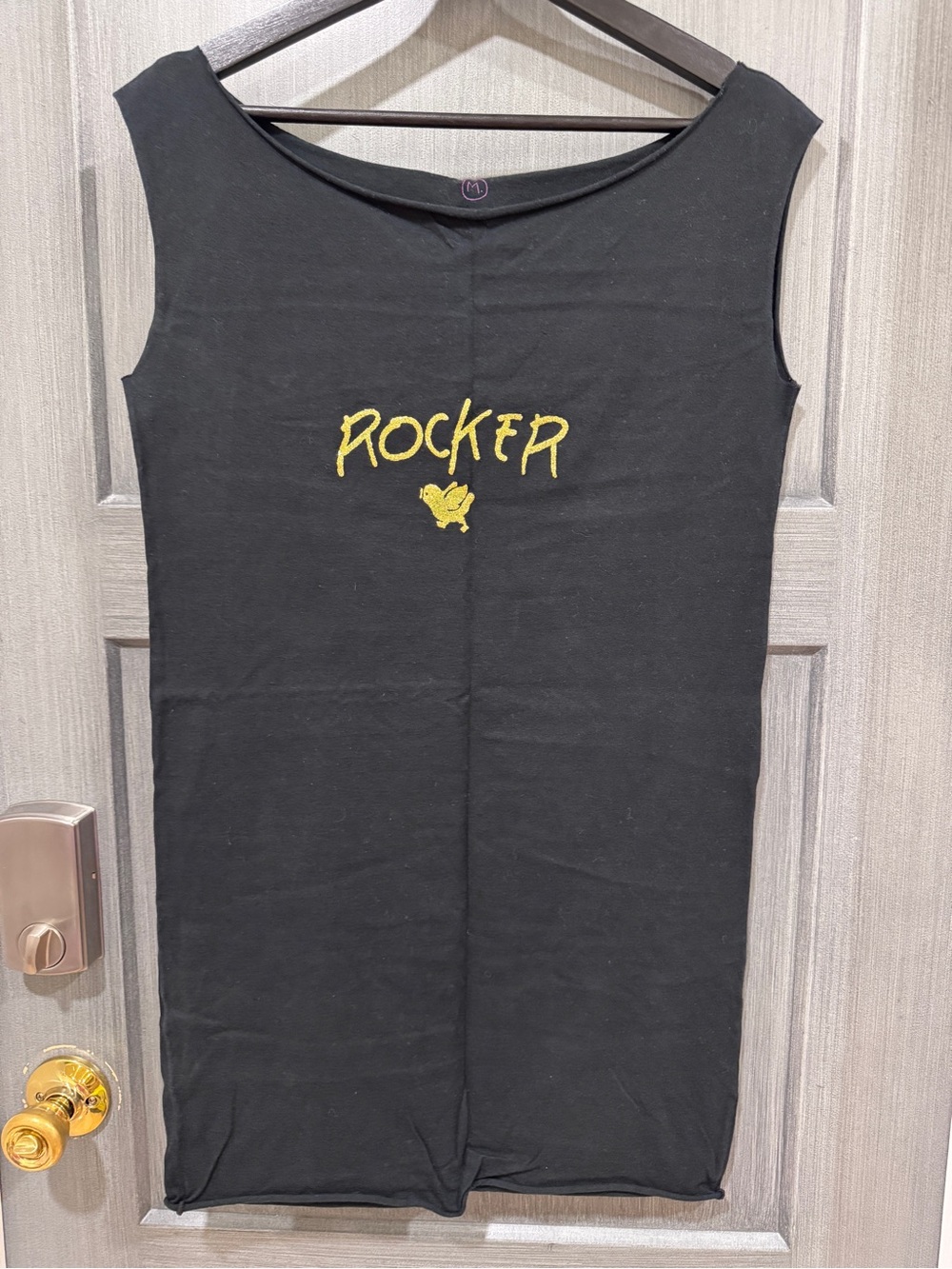 Betsey Johnson Black Sleeveless Tee Dress with Yellow 'Rocker' Graphic